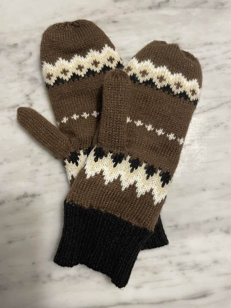 Knitted Bernie Sanders mittens.