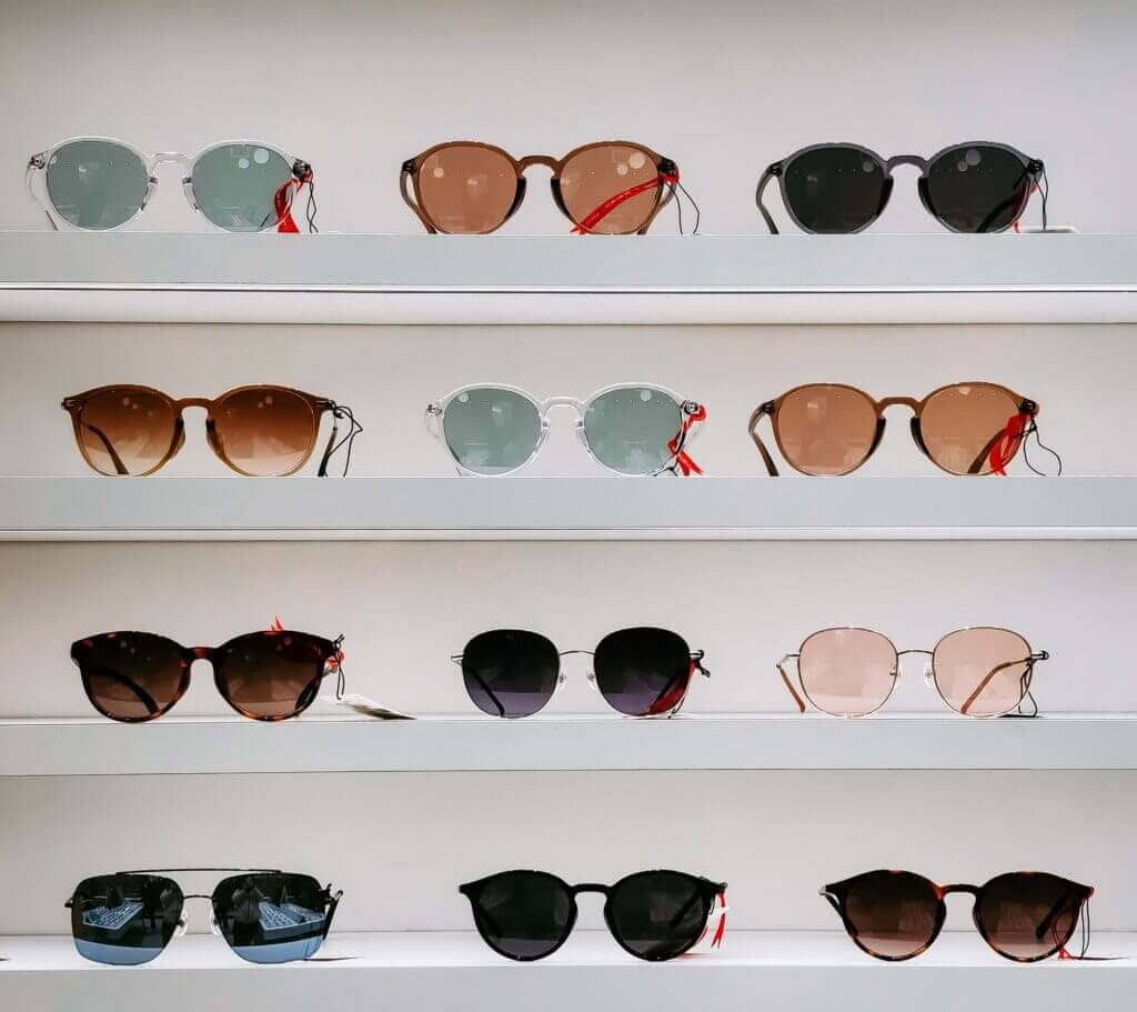 Four rows of sunglasses.