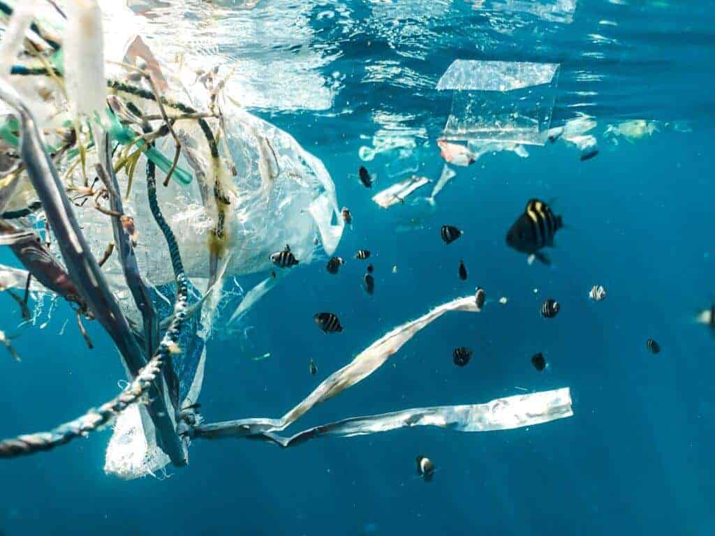 Plastic pollution: plastic trash floating in the ocean with fish in the background